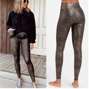 Spanx Faux Leather Leggings Leopard Print Shine Size M